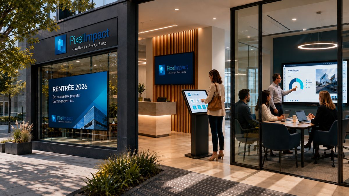 Solutions de communication digitale Pixel Impact pour la rentrée 2026 : écran vitrine, borne tactile et écran collaboratif