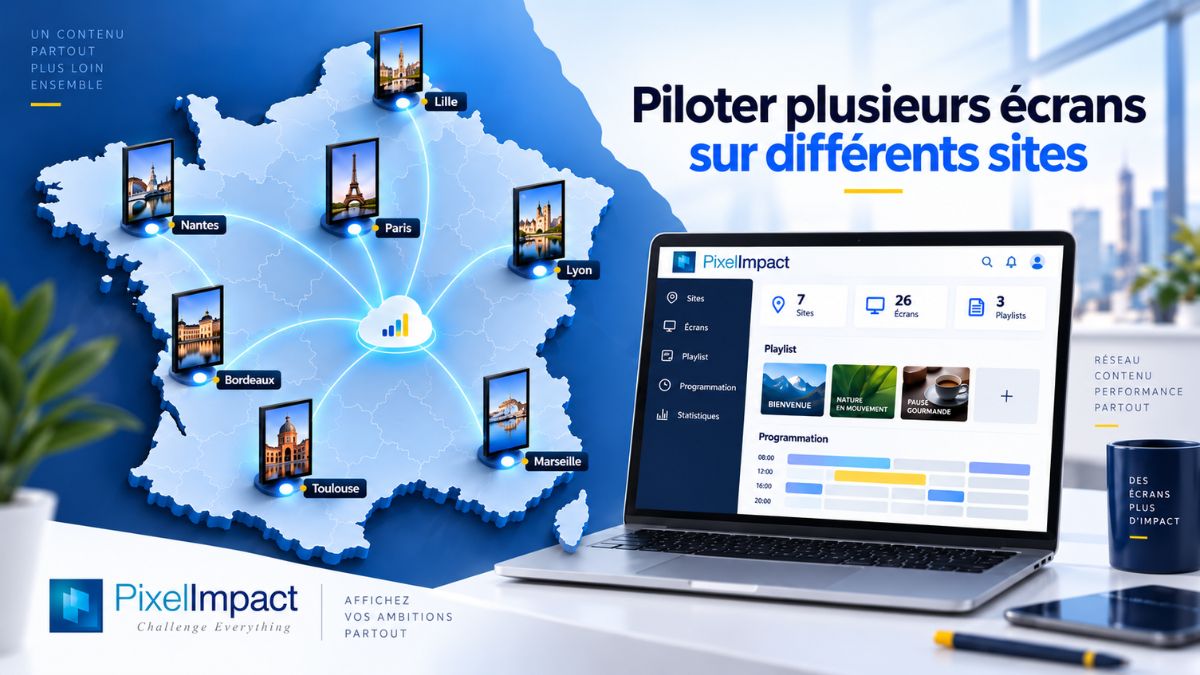 Piloter sur plusieurs écrans - Pixel Impact Carte de France illustrant plusieurs écrans professionnels connectés et pilotés à distance depuis une interface centralisée Pixel Impact.
