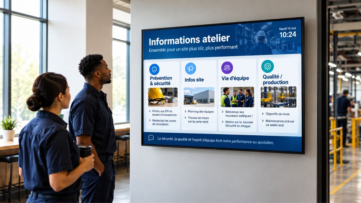Deux collaborateurs consultent un écran d’affichage dynamique en milieu industriel diffusant des informations sur la sécurité, la vie d’équipe et la production.