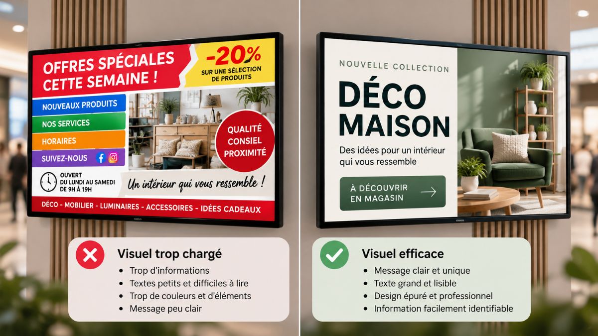 Comment créer un visuel d’affichage dynamique efficace Créez un visuel d’affichage dynamique lisible et efficace grâce à 8 conseils concrets sur le message, le contraste, le format et la durée de diffusion.